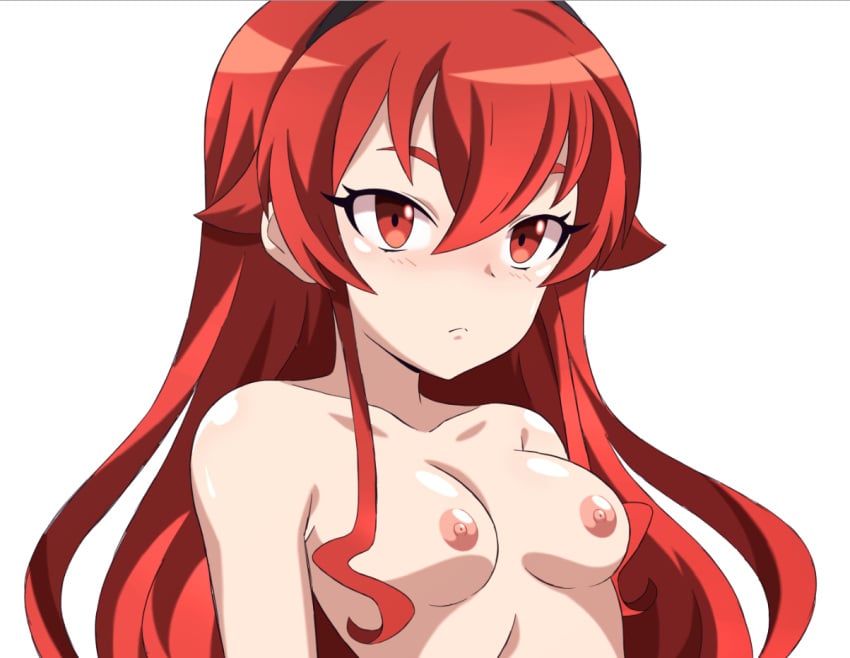 abysswatchers armpit_crease black_hairband breasts close-up closed_mouth completely_nude eris_greyrat eyebrows_hidden_by_hair female hair_between_eyes hairband long_hair mushoku_tensei nipples nude red_eyes red_hair simple_background small_breasts solo upper_body very_long_hair white_background