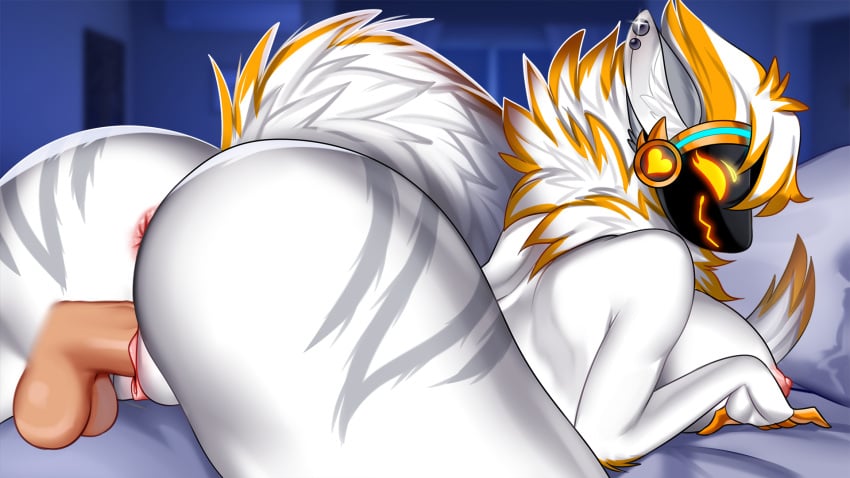 anthro anus breasts dirty_fox_games furry juno_(my_furry_protogen) large_breasts looking_back my_furry_protogen my_furry_protogen_2 nipples orange_fur orange_highlights pierced_ears piercing protogen pussy sex smirk video_games white_fur