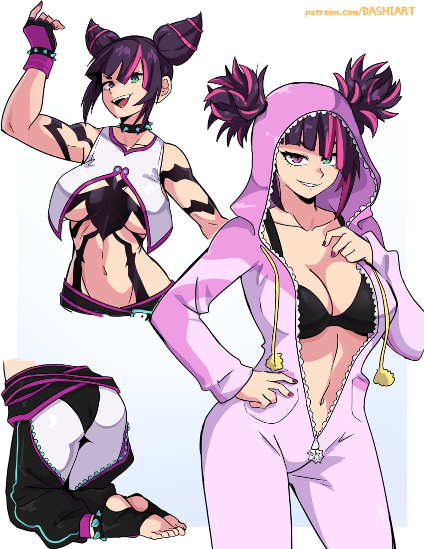 absurdres bikini black_bikini black_hair breasts canon_appearance dashi_art fangs feet female fingerless_gloves gloves heterochromia highres hood juri_han kneeling large_breasts nails navel open_mouth pajamas pants smile soles street_fighter street_fighter_6 swimsuit v