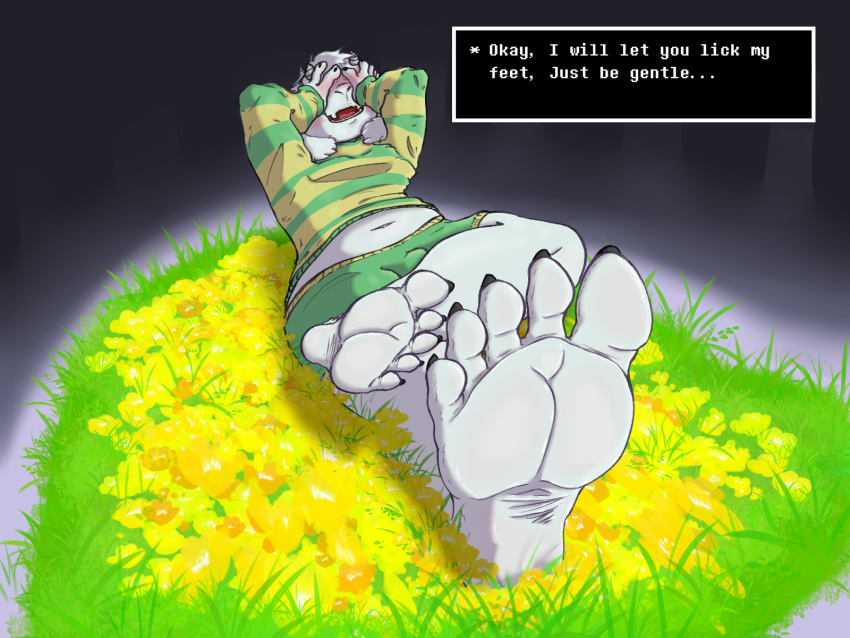 1boy 2d anthro anthro_male anthro_only asriel_dreemurr blush bulge caprine clothed covering_face embarrassed first_person_view flower_bed foot_fetish foot_focus furry furry_male furry_only grass humanoid humanoid_male humanoid_only male male_feet male_foot_fetish male_only mammal mammal_humanoid navel pants sitting_on_ground smile soles solo talking_to_viewer the_g0lden_0ne topwear undertale undertale_(series) yellow_flower