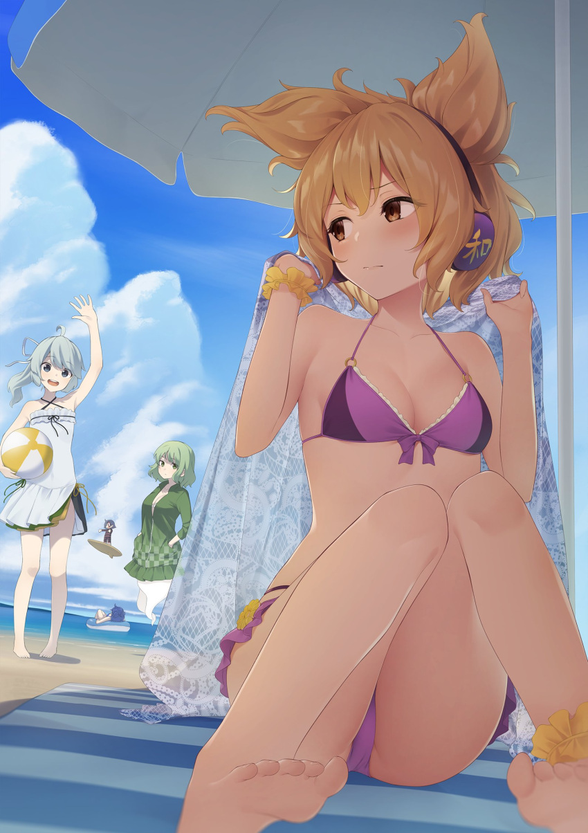 5girls arm_up arms_up ball bare_shoulders barefoot bikini black_bow black_shirt blonde_hair blue_hair blue_sky blush bow bra breasts brown_eyes closed_mouth cloud cloudy_sky commentary_request dress earmuffs flying ghost_tail green_dress green_eyes green_hair grey_eyes hair_between_eyes hairbow hand_up hands_in_pockets hands_up highres innertube kaku_seiga kanpa_(campagne_9) long_hair long_sleeves looking_at_another lying medium_breasts miyako_yoshika mononobe_no_futo multiple_girls no_headwear ocean open_mouth panties pointy_ears ponytail purple_bikini purple_bra purple_panties red_shirt sand seiga_kaku shadow shirt short_hair silver_hair sitting sky sleeveless small_breasts smile soga_no_tojiko striped_clothes striped_shirt swim_ring swimsuit touhou toyosatomimi_no_miko umbrella underwear water white_bow white_dress wrist_cuffs yoshika_miyako