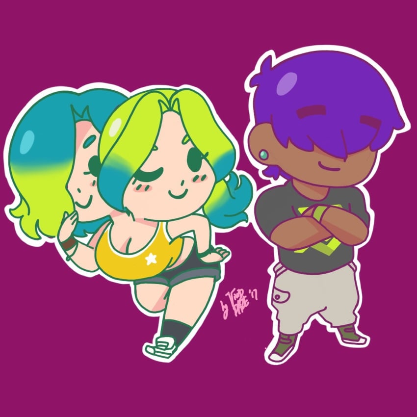 2_heads cecil_(vividdaze) chibi clothed conjoined freak_show green_hair interracial multi_head purple_hair siamese_twins vivid_daze zola_and_zuri