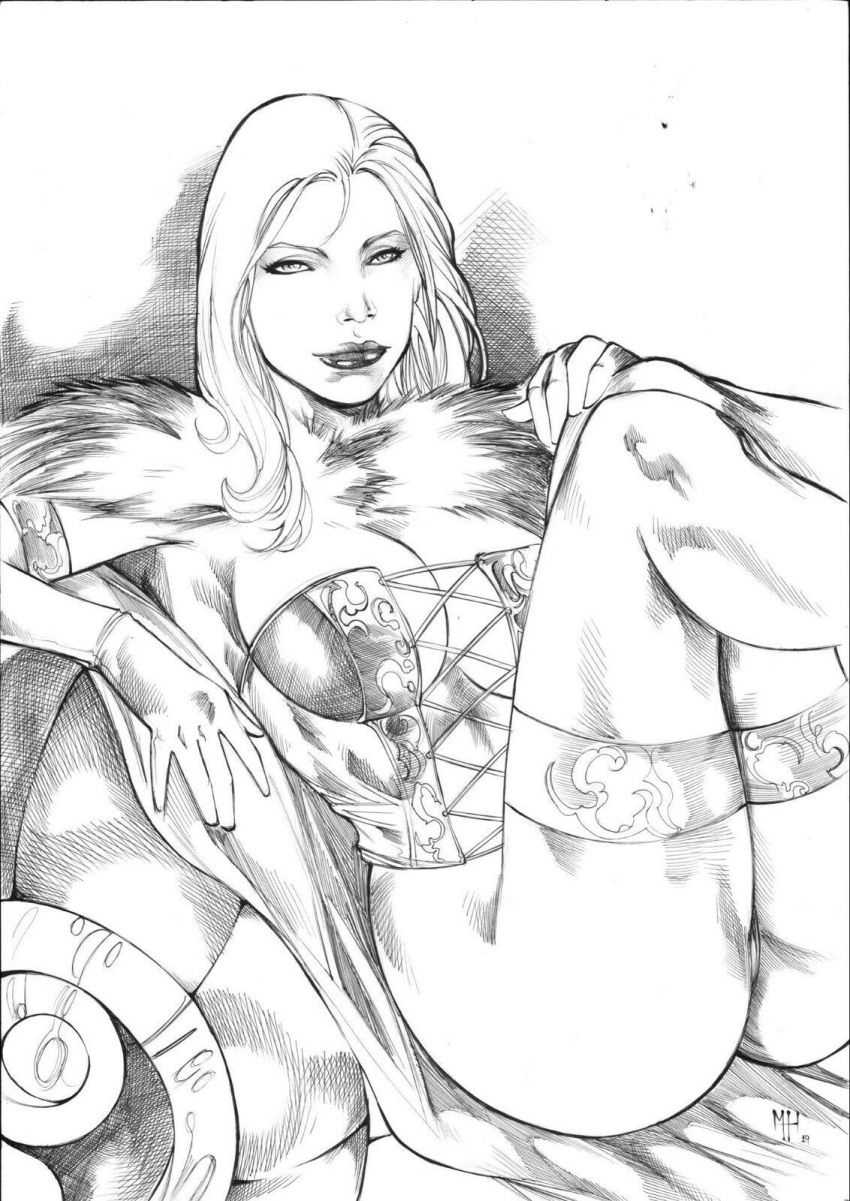 black_and_white bottomless bottomless_female breasts corset curvy curvy_female emma_frost female female_only hellfire_club hourglass_figure marvel marvel_comics matheushenrique_(artist) pussy pussy_peek traditional_art traditional_media_(artwork) vagina white_queen x-men