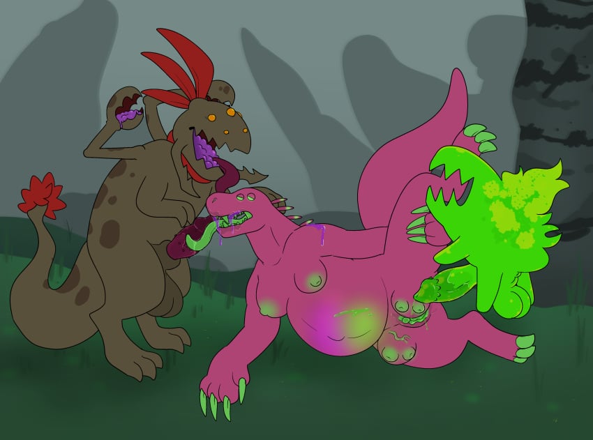 4_eyes absurd_res acrid alien anthro awesomenauts balls bodily_fluids breasts erection female female_penetrated feral genitals gnaw_(awesomenauts) group group_sex hi_res horror_(nuclear_throne) licking male male/female male_penetrating male_penetrating_female monster multi_eye nipples not_furry nuclear_throne nude open_mouth penetration penis purple_body pussy risk_of_rain saliva sex spikes sstinkies tail teeth threesome tongue tongue_out trio