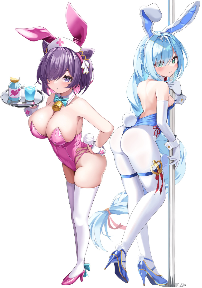 2girls azur_lane blue_hair blush breasts bunnysuit cleavage elegant1266 gloves green_eyes huge_breasts janus_(azur_lane) jervis_(azur_lane) light-skinned_female light_skin pole purple_eyes purple_hair royal_navy_(azur_lane) white_gloves wrist_cuffs