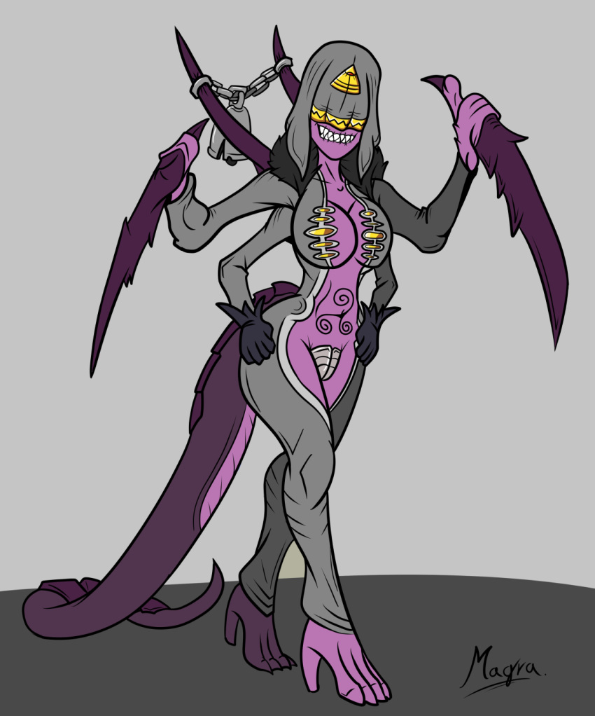 angelia_the_eldritch_horror anthro blade_arm breasts claws clothed clothing eldritch fangs female hi_res humanoid magra123 simple_background skimpy solo tattoo teeth