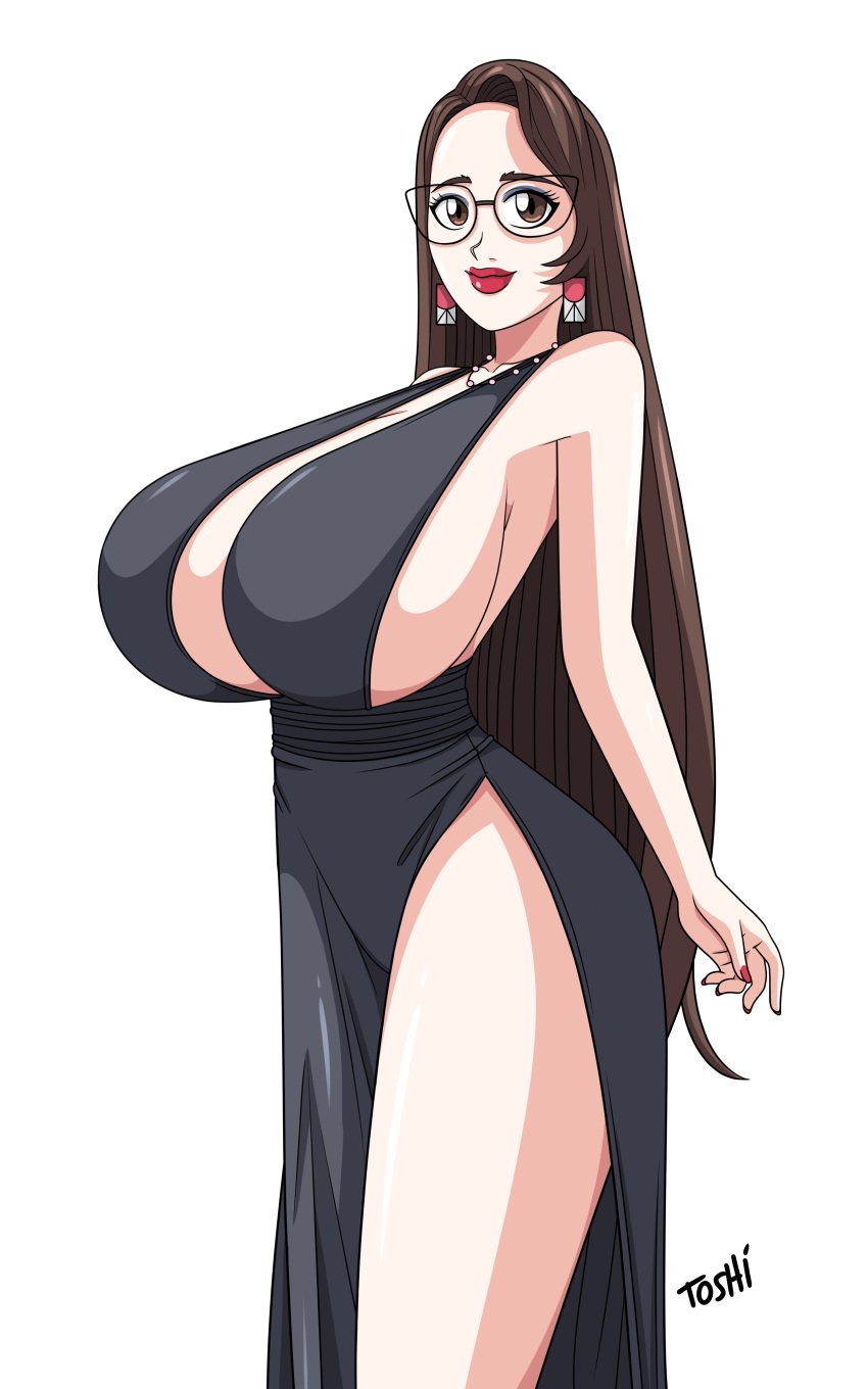 1girls big_breasts breasts brown_hair brunette_hair clothed dress female female_focus female_only glasses huge_breasts large_breasts long_hair oc original_character tagme toshiso