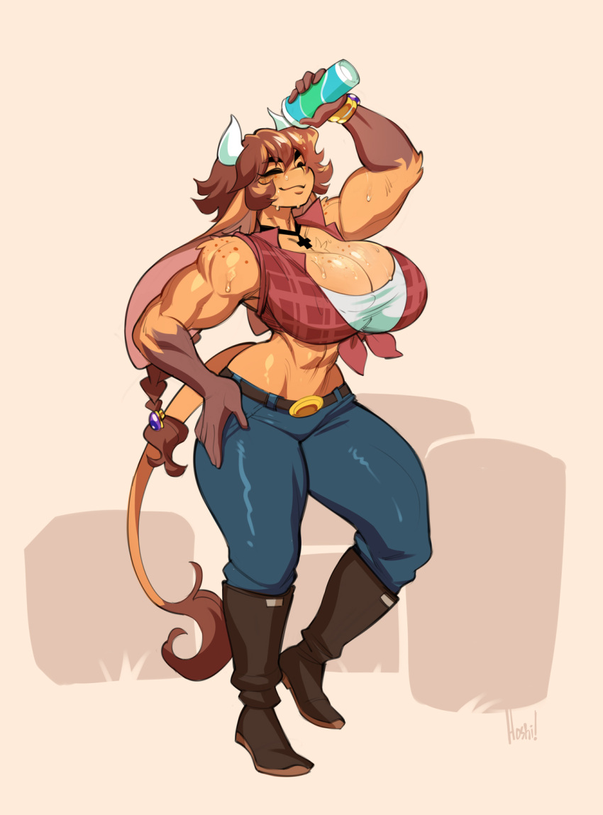 1girls anthro big_breasts big_ears bovid bovine braid brown_body brown_hair cleavage closed_eyes cow_horns cow_tail cowgirl_outfit female female_only floppy_ears freckles full_body hi_res horns las_lindas long_hair mora_linda muscular muscular_female necklace nedoiko solo tail tail_tuft thick_thighs