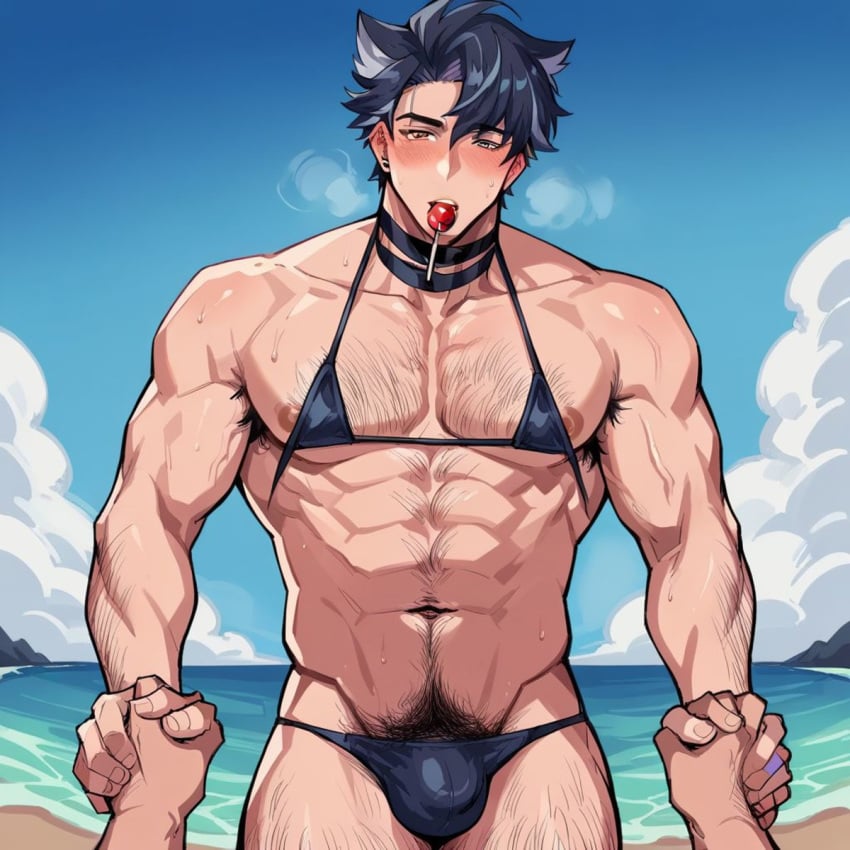 ai_generated barely_clothed beach buff bulge gay genshin_impact hairy hairy_male lollipop male male_in_bikini male_only micro_bikini muscular muscular_male pov sinchilee solo tagme wriothesley_(genshin_impact) yaoi