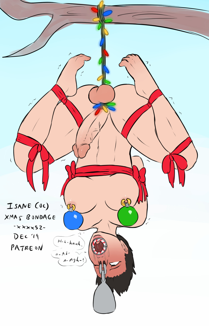 arms_behind_back black_hair blush bondage breasts cbt christmas christmas_lights christmas_ornaments circumcised cock_and_ball_torture erection eyes_rolling_back futa_only futanari gag hanging_by_testicles hanging_from_branch legs_apart nipple_piercing nipple_weights nipples nose_piercing open_mouth_gag original_character patreon penis ribbon_bondage ring_gag short_hair suspended testicle_bondage testicles weights_(bdsm) xxxx52