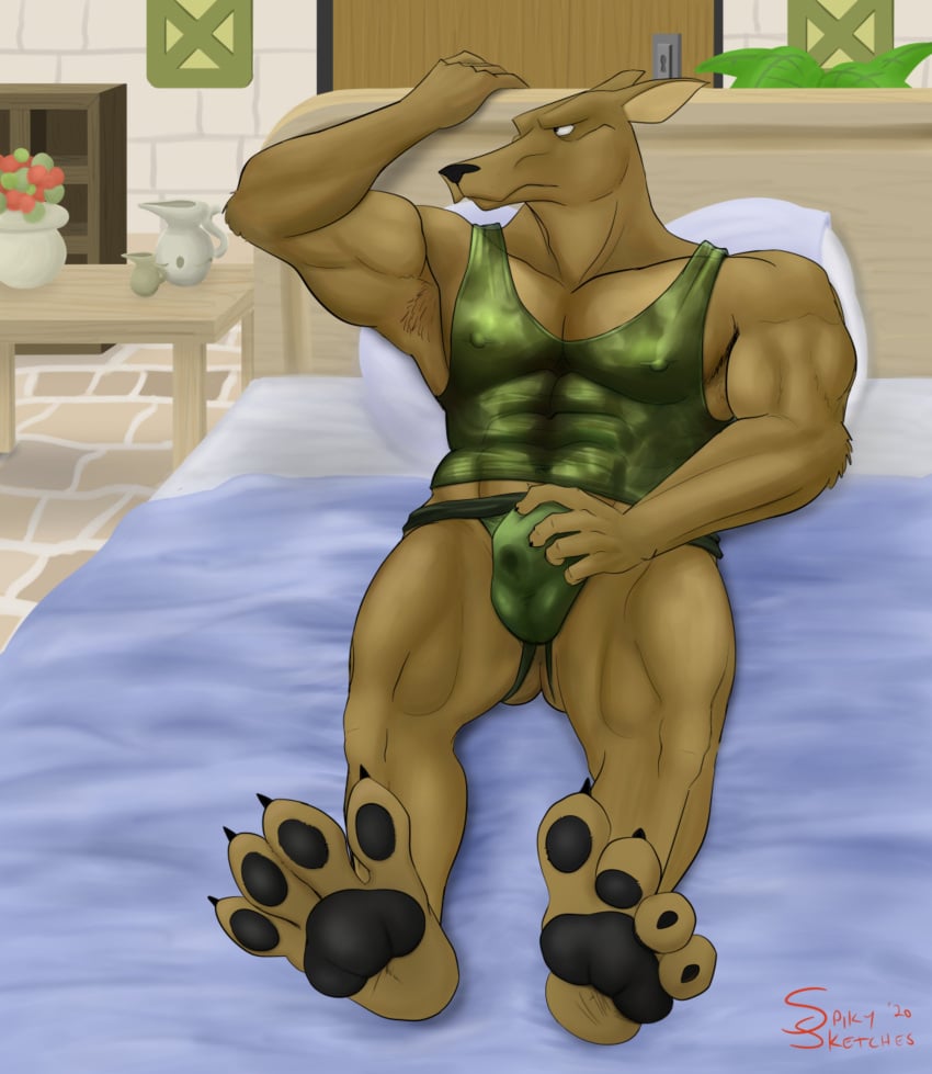 1boy 2020 abs absurd_res anthro armpit_hair balls bed bedframe biceps big_muscles bodily_fluids body_hair brown_body brown_fur bulge bulge_grab camo camo_clothing camo_print camo_tank_top canid canine canis clothed clothing cum detailed_background feet fur furniture genital_fluids genitals grabbing_from_behind hi_res inside japanese_kobold jockstrap kobold_(suikoden) konami leaking_through_clothing looking_aside lying lying_on_bed male male_only mammal muscular muscular_anthro muscular_male muscular_thighs nude on_bed pattern_clothing pawpads pecs penis precum ridley_wizen solo spikysketches suikoden suikoden_2 toes triceps underwear