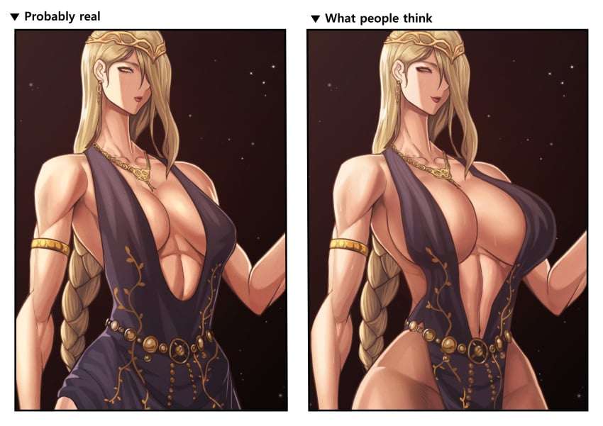 1girls abs alternate_breast_size alternate_hairstyle big_breasts blonde_hair braid braided_hair breasts cleavage dress elden_ring female female_only fromsoftware hi_res huge_breasts kingbang kongman99 large_breasts light-skinned_female long_neck meme milf navel neck plunging_neckline queen_marika_the_eternal sideboob solo sweat thick_thighs wide_hips