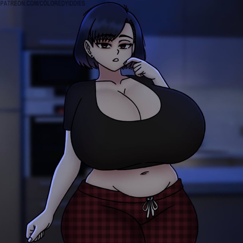 big_belly black_topwear coloredyiddies huge_breasts kitchen lei_(coloredyiddies) pajama_pants pajama_shirt solo tired_eyes tired_look