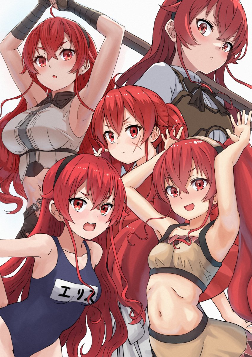 1girls armpits arms_up ass_visible_from_the_front bandaged_arm bandages bare_arms bare_belly bare_shoulders belly_button big_breasts blush breasts closed_mouth eris_greyrat female female_only hairband hip_bones long_hair medium_breasts mushoku_tensei navel_cutout one-piece_swimsuit open_mouth red_eyes red_hair scar scar_on_face solo swimsuit syagare thighs twintails