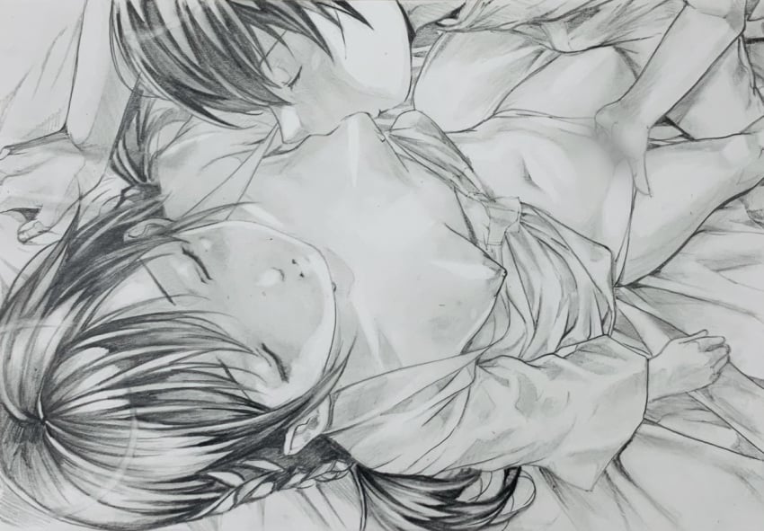 1boy amano_hina_(tenki_no_ko) bra bra_pull breast_sucking breasts closed_eyes clothes_pull female fingering greyscale katsu_(24791909) lying marker_(medium) monochrome morishima_hodaka_(tenki_no_ko) nipples on_back open_clothes open_mouth open_shirt saliva short_hair small_breasts straddling straight tenki_no_ko traditional_media underwear