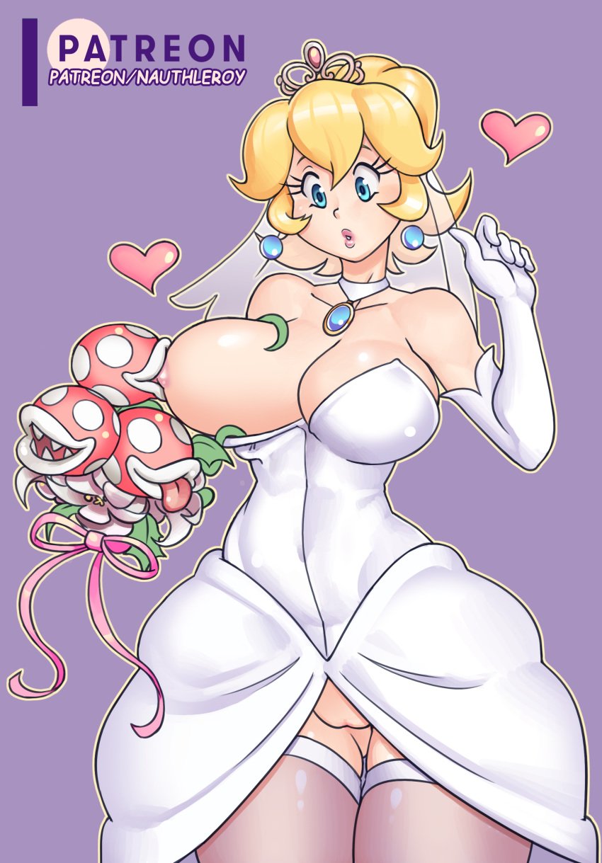 1girls areolae big_breasts blue_eyes bouquet breast_sucking breasts clothing dress exposed_pussy female female_only flora_fauna heart highres mario_(series) nauth nauth_le_roy nintendo no_panties one_breast_out piranha_plant piranha_plant_bouquet plant princess princess_peach pussy size_difference solo sucking super_mario_odyssey video_games wedding_dress wedding_peach_(super_mario_odyssey)