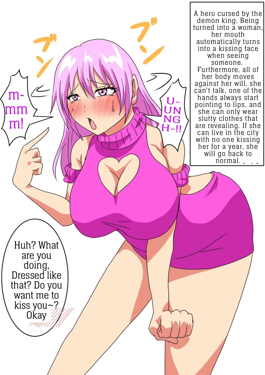 1girls big_ass big_breasts bimbofication blush body_control brainwashing cleavage cleavage_window color english_text exhibitionism genderswap_(mtf) huge_ass huge_breasts hypnosis kissing male_to_female medaruru mind_control original original_character pink_hair pointing rule_63 rule_63 sadism sweatdrop text thick_thighs transformation translated