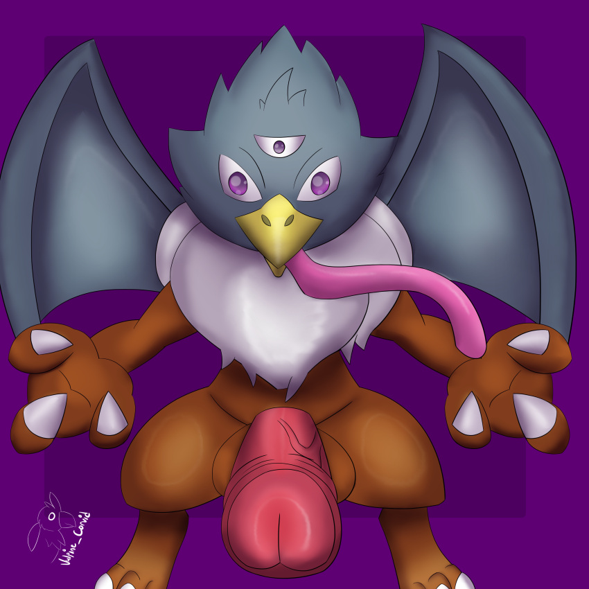 3_eyes absurd_res anthro avian beak dragon_quest dragon_quest_vi fluffy_chest genitals gryphon hi_res jamirus long_tongue male multi_eye mythological_avian mythological_creature mythology penis presenting presenting_penis solo square_enix tongue tongue_out vulpine_corvid wings