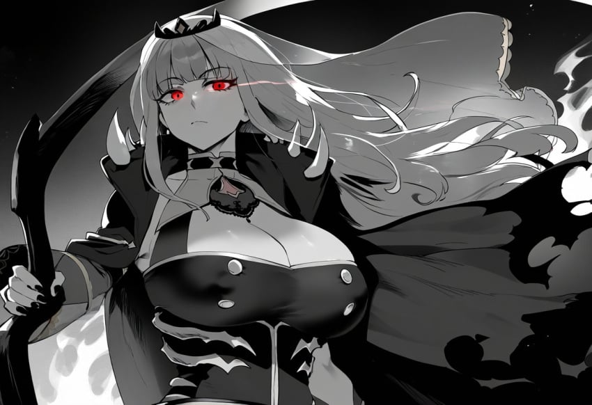 ai_generated big_breasts black_and_white cleavage henrik_n hololive hololive_english large_breasts long_hair mori_calliope neutral_expression red_eyes scythe virtual_youtuber