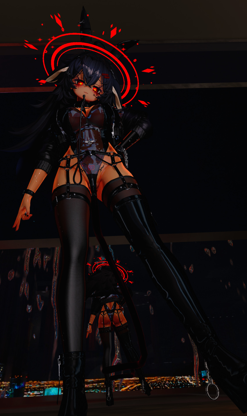 anal_tail belts big_breasts black_hair bunny_ears bunny_girl bunnysuit dark_skin full_body halo leash leotard low-angle_view mirror_reflection navel_piercing pubic_tattoo red_eyes selestia stockings thighhighs transparent_clothing vrchat