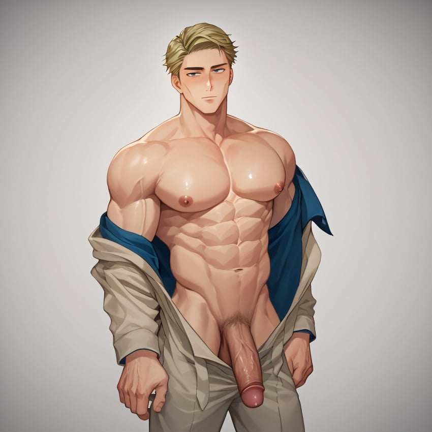 ai_generated balls bara big_balls big_penis blonde_hair clothing daddy enjoyerai jujutsu_kaisen kento_nanami male male_nipples male_only manly mature_male muscular_male nipples penis