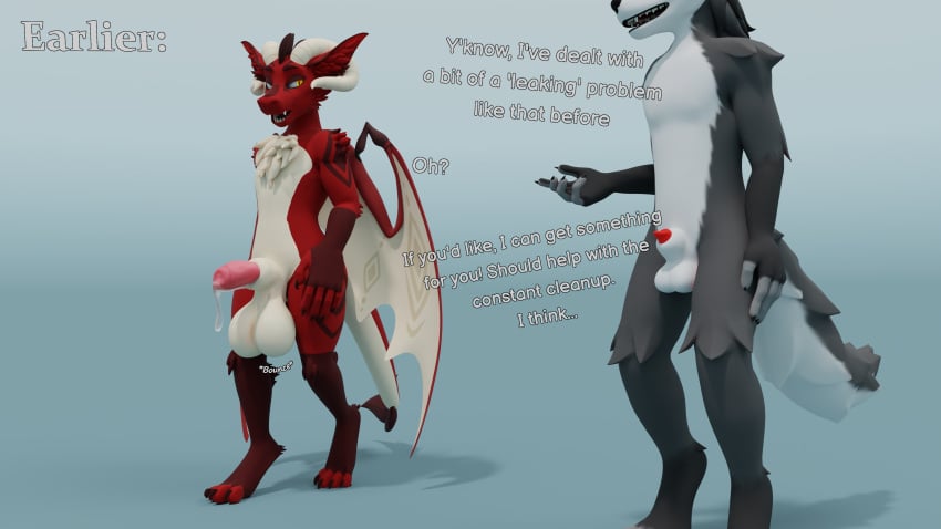 3d absurd_res animal_genitalia anthro balls big_balls bodily_fluids brulee_(y11) canid canine canis chest_tuft dragon duo femboy fur furred_dragon furred_scalie genital_fluids genitals hi_res horn huge_balls hung_femboy hung_trap male male/male mammal mythological_creature mythological_scalie mythology penis precum scalie sheath tuft ultrayanto ultrayanto_(character) wings wolf