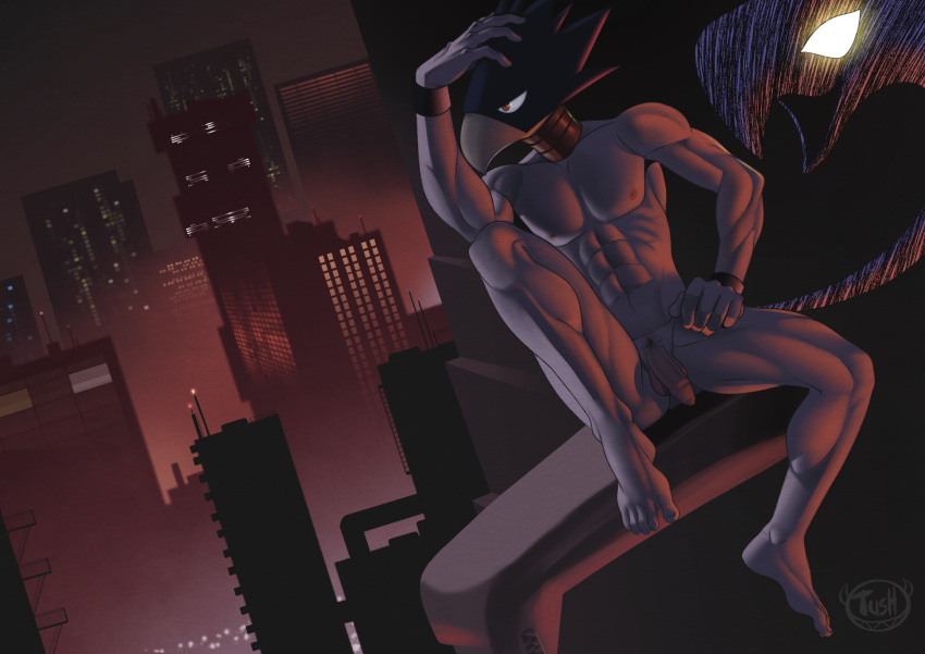 5_fingers 5_toes absurd_res animal_head avian balls beak biped building city city_background feet fingers flaccid for_a_head foreskin fumikage_tokoyami genitals hi_res humanoid humanoid_genitalia humanoid_penis male muscular muscular_male my_hero_academia nude penis pubes toes tush_(artist) vein