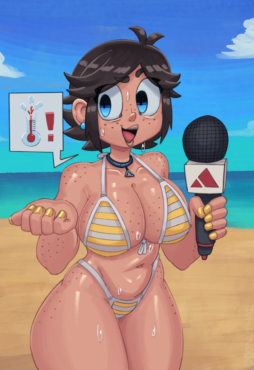 1girls beach big_breasts bikini bikini_bottom bikini_top black_hair blue_eyes casual casual_sex choker cleavage clothing earrings female female_only freckles human hypercasual lipstick looking_at_viewer mddnaz mircophone navel news_reporter original original_character pale_skin solo solo_female solo_focus striped_bikini sweat swimwear thick_thighs thighs wide_hips