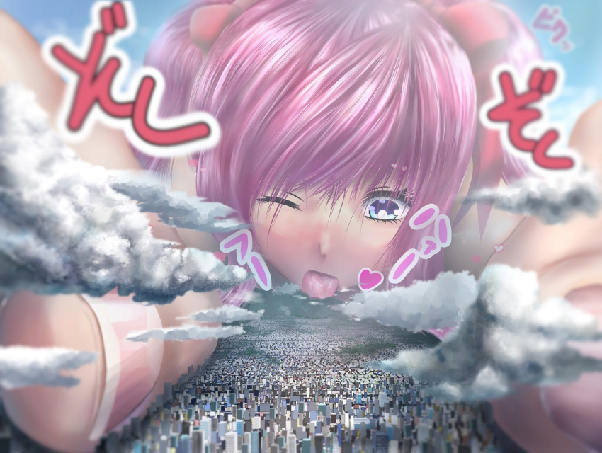 building building_destruction city_crushing city_destruction destruction female giantess giga_giantess licking looking_down macro/micro macro_female one_eye_closed pink_hair soryuu tongue_out