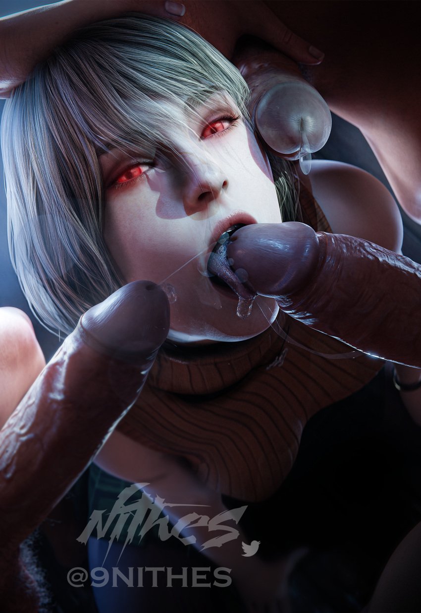 1girls 3boys 3d 3d_(artwork) ashley_graham ashley_graham_(ella_freya) big_penis biohazard blonde_female blonde_hair blowjob capcom clothed clothed_female_nude_male clothing corruption cum cum_in_mouth cum_on_face cute female gangbang glowing_eyes group group_sex humanoid_genitalia humanoid_penis infected licking licking_penis light-skinned_female light_skin looking_at_viewer male male/female mind_control multiple_girls multiple_penises nithes oral penis petite red_eyes resident_evil resident_evil_4 resident_evil_4_remake saliva saliva_string saliva_trail skirt slim veiny_penis