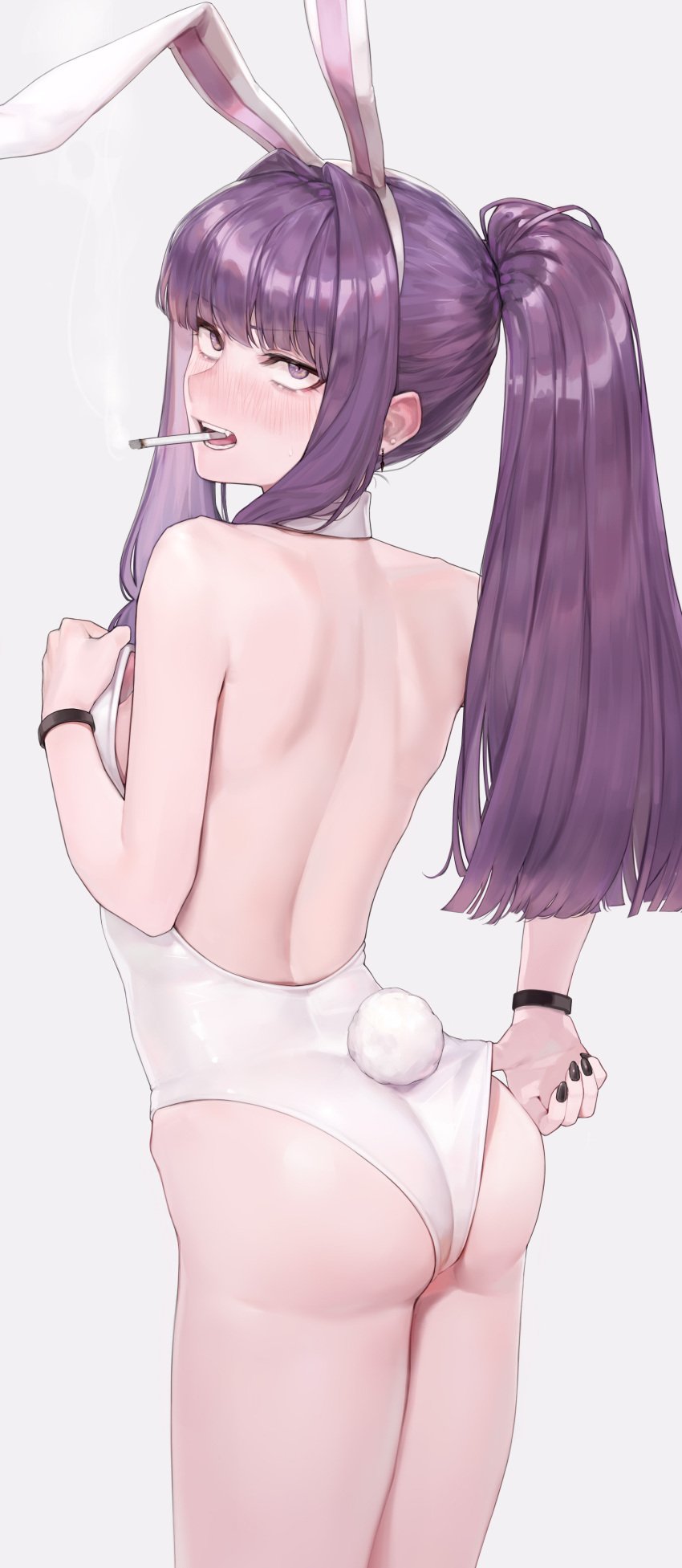 1girls ass back bare_arms behind_view black_nails bunny_ears bunny_girl bunny_tail bunnysuit cigarette cookie_(touhou) female female_only fit fit_female patchouli_knowledge purple_hair slim smoking taisa_(cookie) thighs touhou