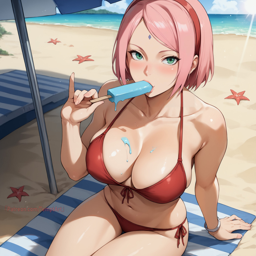 1girls ai_generated beach beach_towel beach_umbrella bikini blush bob_cut boruto:_naruto_next_generations breasts facial_mark food food_in_mouth food_play forehead_mark green_eyes holding_object ice_cream implied_fellatio implied_oral improvised_dildo improvised_sex_toy light-skinned_female light_skin long_hair looking_at_viewer mature mature_female melting melting_ice_cream melting_popsicle milf nai_diffusion naruto naruto_(series) ocean paipan pale-skinned_female pale_skin patreon_username petite petite_body pink_hair popsicle popsicle_in_mouth sakura_haruno sand seaside sexually_suggestive shoulder_length_hair sitting small_breasts smile solo solo_focus stable_diffusion sucking sucking_popsicle suggestive swimsuit teasing temptart towel umbrella url water watermark web_address