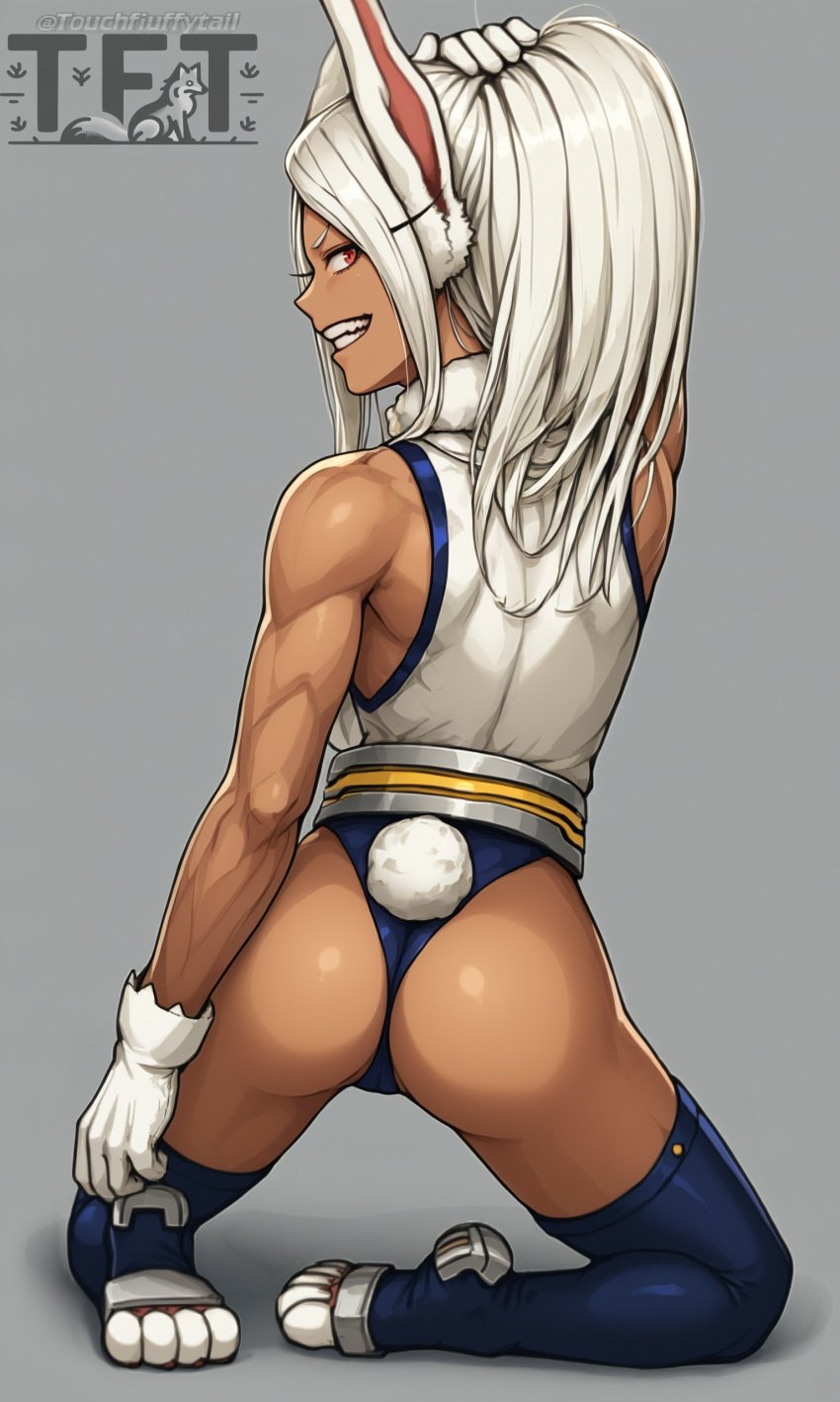 1girls ai_generated ass boku_no_hero_academia dark-skinned_female female from_behind leotard looking_at_viewer looking_back mirko miruko my_hero_academia orange_eyes rabbit_ears rabbit_tail rumi_usagiyama smile touchfluffytails white_hair