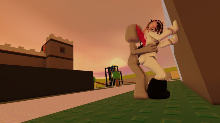 1boy 1girls 3d black_socks breasts crossroads_(roblox) female outside pink_and_black_hair quitamase roblox robloxian self_upload sex sunset