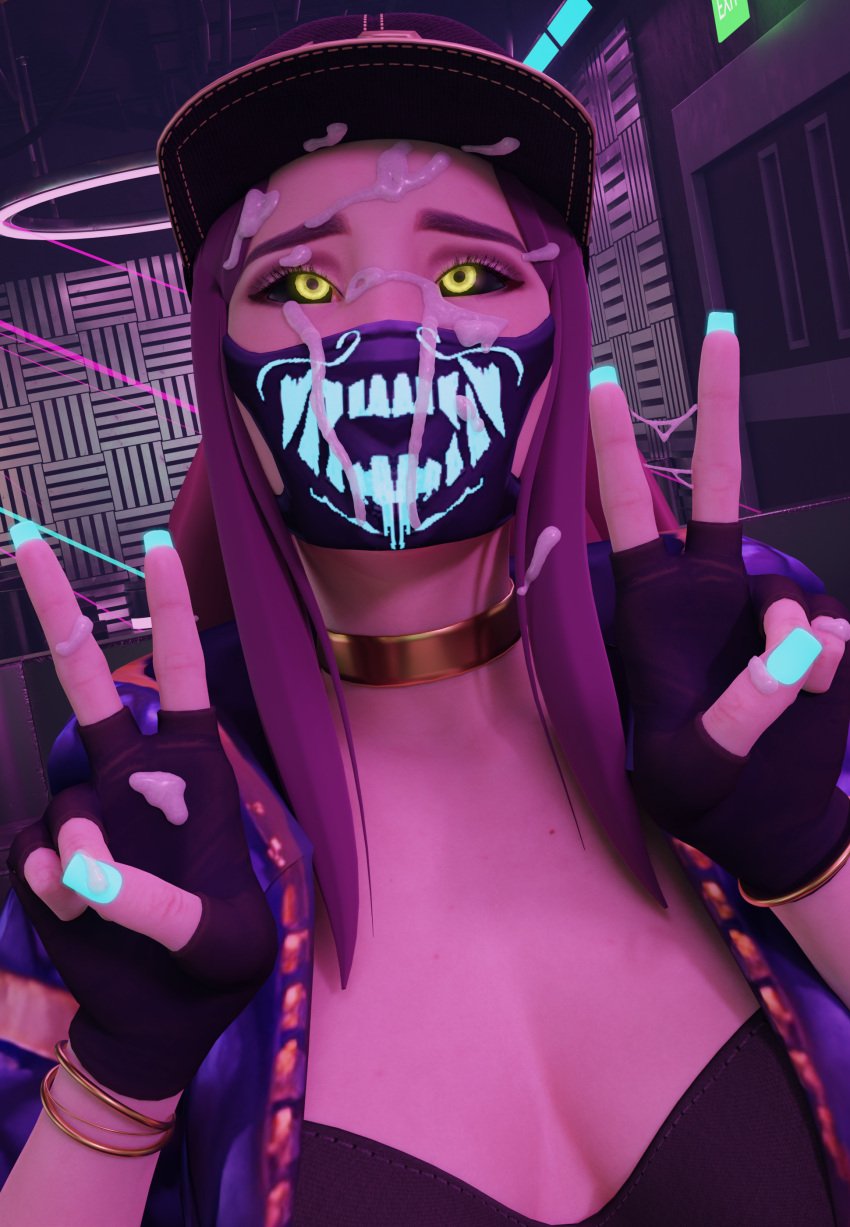 1girls 3d ahe_gao akali athletic_female big_breasts black_sclera blender blender_cycles blue_nails bra cap celebrity cum cum_in_hair cum_on_face cum_string double_peace_sign face_mask facial facial_cumshot female female_focus female_only glowing_eyes glowing_nails jewelry k/da_akali k/da_series league_of_legends peace_sign posing slutty_outfit solo yellow_eyes your__waifu