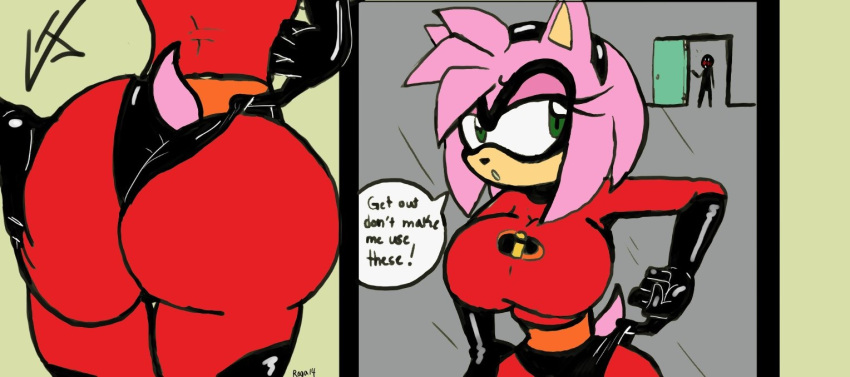 1girls amy_rose cosplay door doorway elastigirl_(cosplay) fat_ass female furry huge_ass large_ass mirror pulling_underwear roga14 sega sonic_(series) speech_bubble