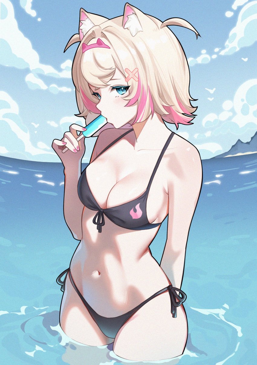 1girls 2d 2d_(artwork) alternate_costume animal_ears arm_behind_back belly_button bikini bikini_bottom bikini_top black_bikini black_bikini_bottom black_bikini_top black_bra black_swimsuit black_thong blonde_hair blue_eyes clouds day female female_focus front_view high_resolution highres holding_object holding_popsicle hololive hololive_english hololive_english_-advent- light-skinned_female light_skin looking_at_viewer medium_breasts mococo_abyssgard navel ocean outdoors pink_hair pink_nails popsicle revealing_swimsuit short_hair sky slim_girl solo solo_female solo_focus standing standing_in_water summer swimsuit thong thong_bikini two_piece_swimsuit two_tone_hair virtual_youtuber vtuber vtuberfanart young younger_female