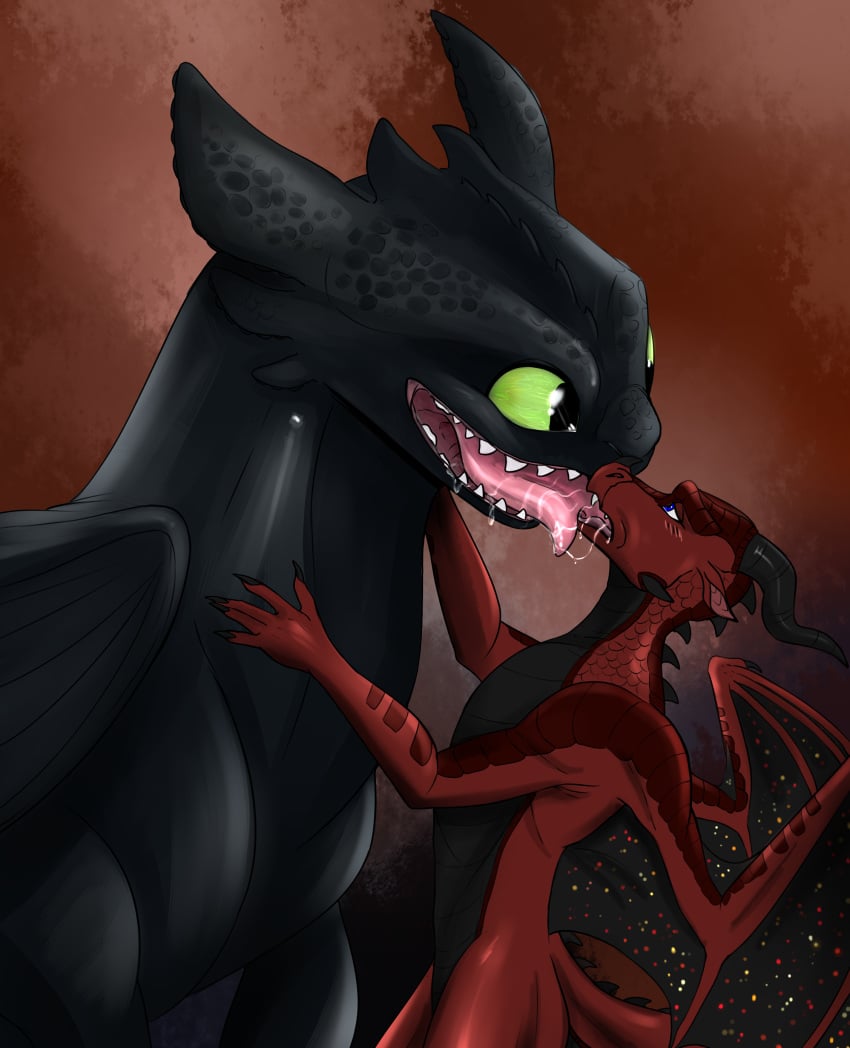 absurd_res anthro anthro_on_feral atreius black_body blush bodily_fluids charliemcarthy digital_media_(artwork) dragon dreamworks duo european_mythology feral fury_(httyd) hi_res how_to_train_your_dragon hybrid making_out male male/male membrane_(anatomy) membranous_wings mythological_creature mythological_scalie mythology night_fury open_mouth reptile scalie simple_background size_difference skywing_(wof) smile snout tongue tongue_out toothless western_dragon wings wings_of_fire zoophilia