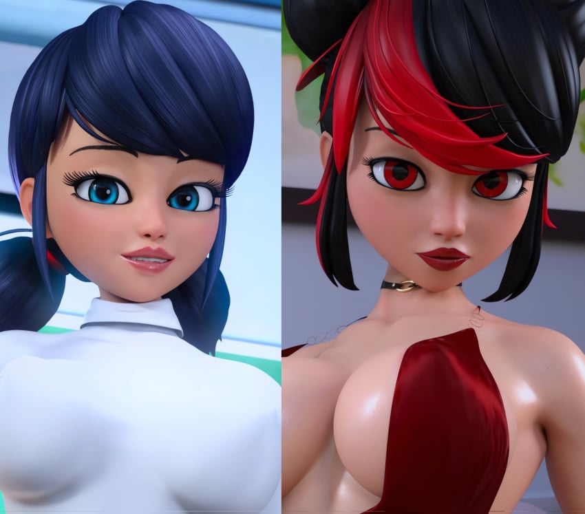 2girls 3d 3d_(artwork) aged_up big_breasts black_hair blue_eyes blue_hair choker female female_only hair_streak huge_breasts large_breasts marinette_dupain-cheng miraculous:_tales_of_ladybug_and_cat_noir miraculous_ladybug miraculous_ladybug_paris multiple_girls nipple_bulge no_bra pigtails pouty_lips re-verse_marinette red_clothing red_eyes red_hair red_lipstick ruidx voluptuous voluptuous_female