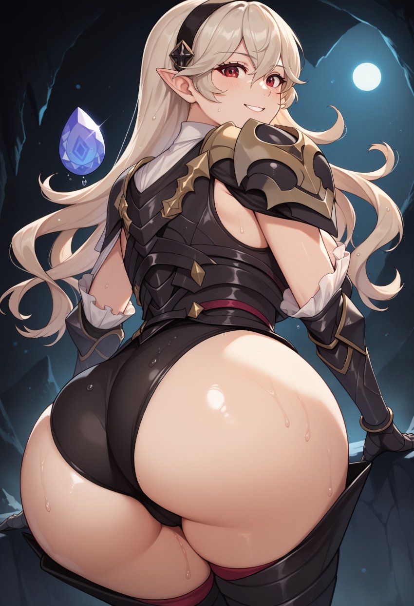 1girls ai_generated armor armored_dress blush carlosheero corrin_(fire_emblem) corrin_(fire_emblem)_(female) dragon_girl dragonstone fire_emblem fire_emblem_fates gloves hi_res legwear looking_at_viewer looking_back rear_view red_eyes smile sweatdrop thick_ass voluptuous white_hair