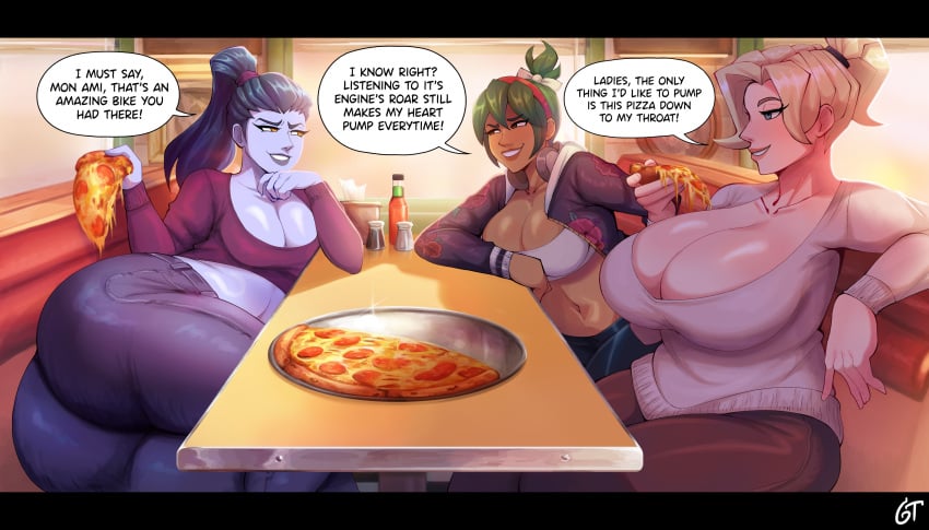 3girls activision amelie_lacroix androjuniarto blizzard_entertainment cleavage gassytank gastank huge_breasts jpg kiriko_(overwatch) mercy overwatch overwatch_2 pizza tagme widowmaker