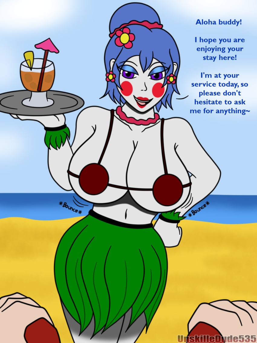animatronic ballora ballora_(fnafsl) beach big_breasts bouncing_breasts breasts busty coconut coconut_bra dialogue english_text female five_nights_at_freddy's five_nights_at_freddy's:_sister_location five_nights_in_anime grass_skirt hula_dancer humanoid looking_at_viewer robot robot_girl seductive self_upload signature sister_location text unskilledude535 waitress