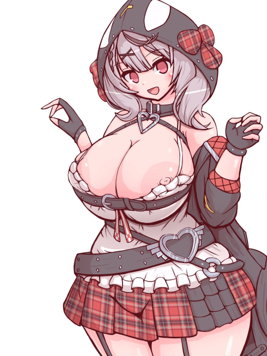 1girls 57mm big_breasts breasts cleavage clothed gray_hair hololive hololive_japan holox hood looking_at_viewer nipple_slip nipples red_eyes sakamata_chloe solo solo_female standing virtual_youtuber