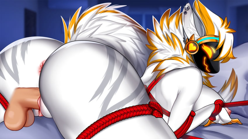 anthro anus bondage breasts dirty_fox_games furry juno_(my_furry_protogen) large_breasts looking_back my_furry_protogen my_furry_protogen_2 nipples orange_fur orange_highlights pierced_ears piercing protogen pussy rope_bondage sex smirk vaginal_penetration video_games white_fur