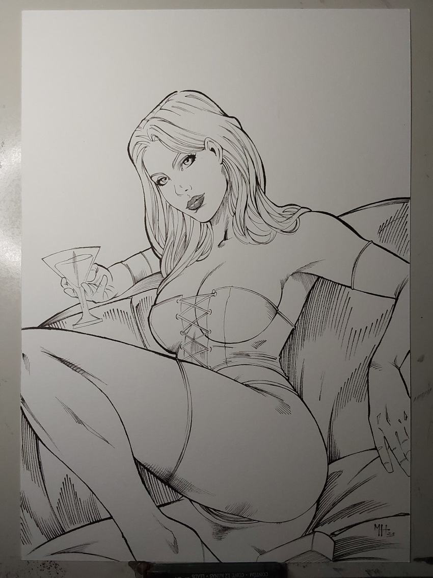 black_and_white breasts corset curvy curvy_female emma_frost female female_only hellfire_club hourglass_figure marvel marvel_comics matheushenrique_(artist) panties thong thong_panties traditional_art traditional_media_(artwork) white_queen x-men