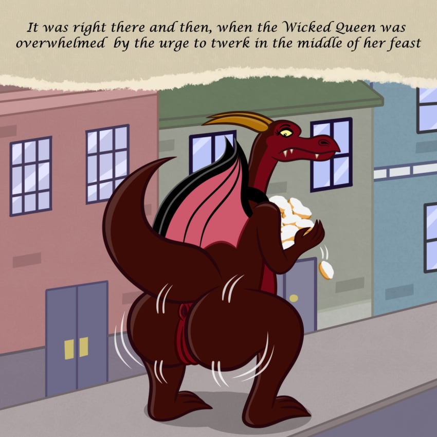 anthro anus ass beignet_(food) big_butt building bunnicula_(series) dessert detailed_background dragon english_text female food genitals hi_res looking_back membrane_(anatomy) membranous_wings motion_lines mythological_creature mythological_scalie mythology outside pussy queen_wicked_(bunnicula) raised_tail red_body scalie shaking_butt sharkinwaves solo tail tail_anus text wings