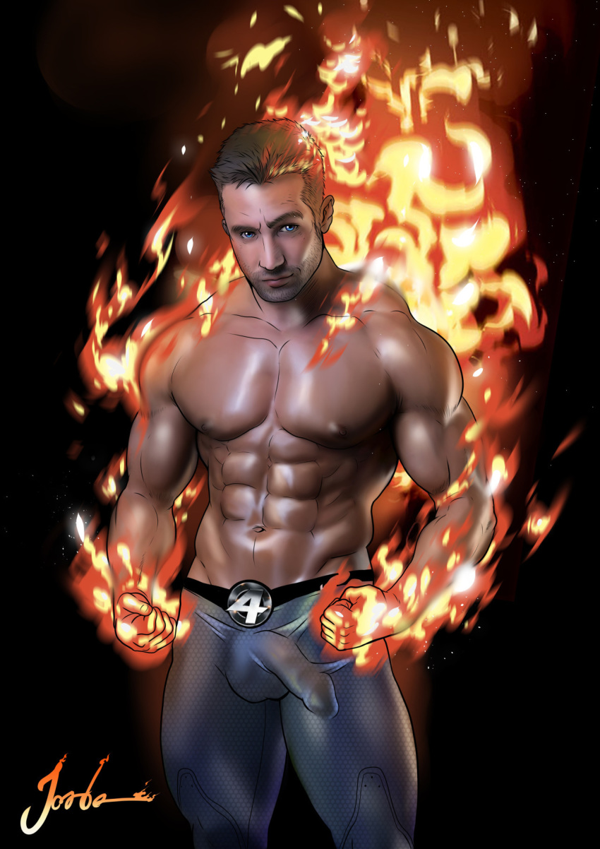 abs balls_outline blonde_hair blue_eyes bulge costume erect_nipples erection erection_under_clothes fantastic_four fire flames human_torch johnny_storm jorden_arts male male_only marvel muscular penis_under_clothes solo_male superhero tight_clothing topless vpl