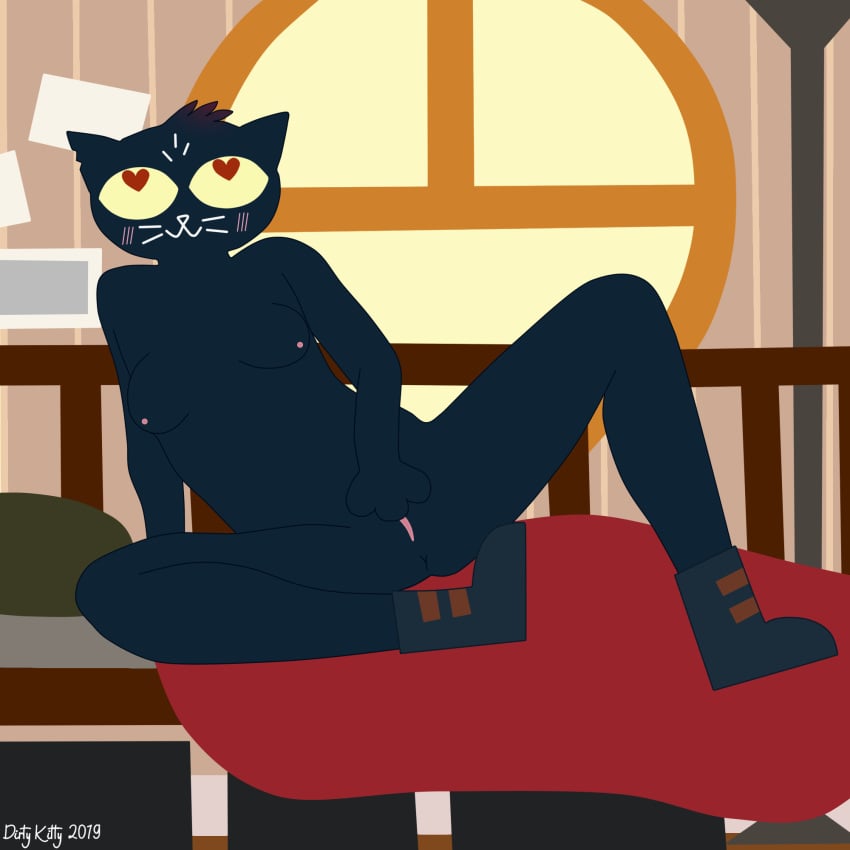 1:1 2019 anthro bed blush boots breasts clothing detailed_background dirtykitty domestic_cat felid feline felis female footwear fur hair hi_res inside mae_borowski mammal masturbation night_in_the_woods nipples nude pussy red_eyes smile solo video_games window