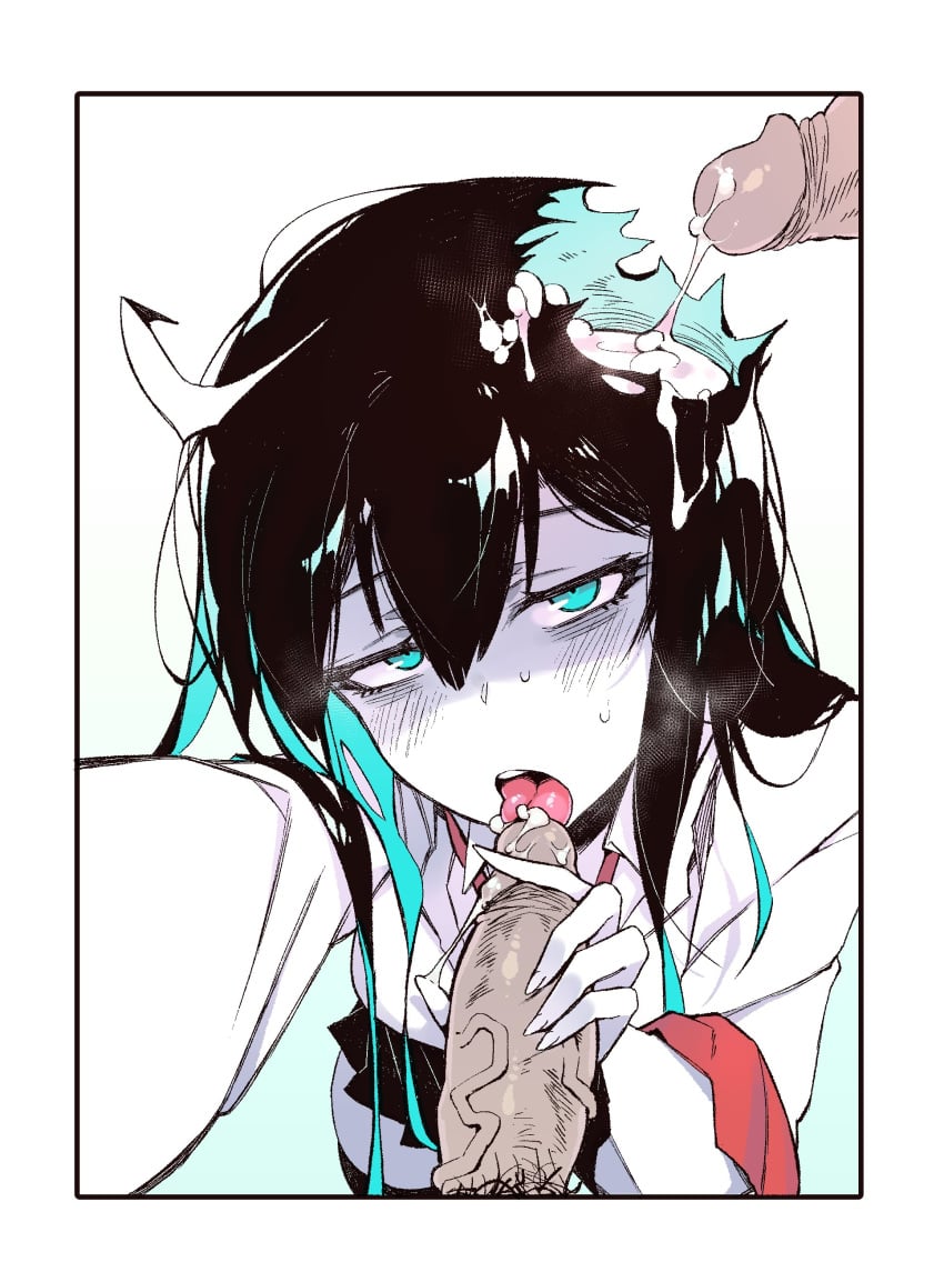 2boys absurdres bags_under_eyes black_hair blue_hair cum cum_in_hair fellatio female foreshortening hair_mouth highres karasu_raven messy_hair monster_girl multicolored_hair multiple_boys oral original pale_skin penis teeth tongue tongue_out uncensored