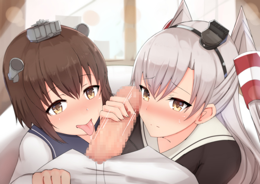 1boy 2girls admiral_(kantai_collection) amatsukaze_(kantai_collection) assisted_fellatio brown_dress brown_eyes brown_hair chiyo_(pk19981234) dress fellatio ffm_threesome group_sex hair_tubes handjob headgear kantai_collection licking light-skinned_female light-skinned_male light_skin multiple_girls oral penis sailor_collar sailor_dress short_hair teamwork threesome tongue two_side_up windsock yukikaze_(kantai_collection)